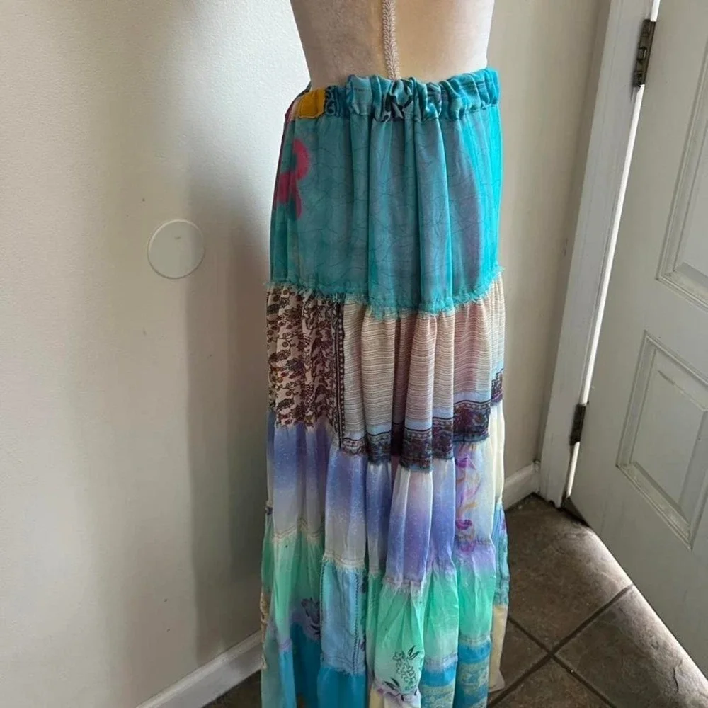 Bambu‎ Womens Teal Purple Patchwork Tiered Boho Maxi Skirt Small